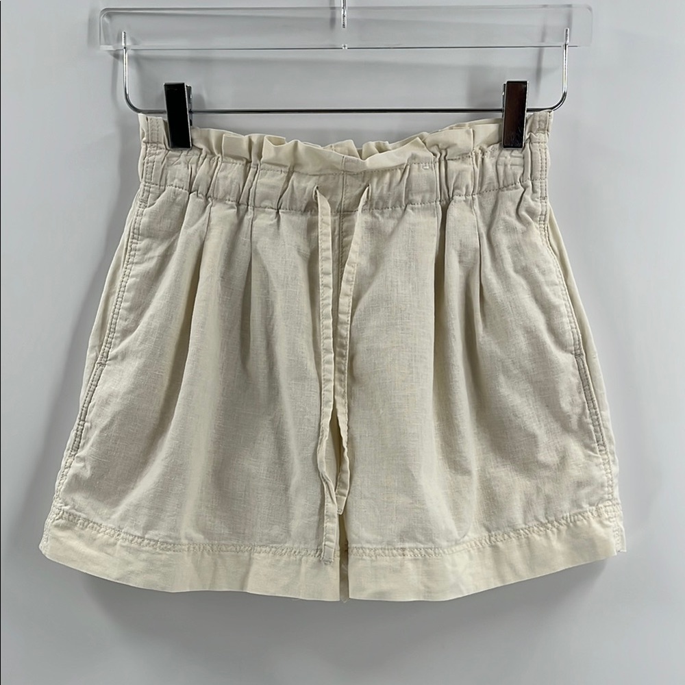 Uniqlo Off White Linen Cotton Relaxed High Waist Shorts Drawstring Pockets XSm